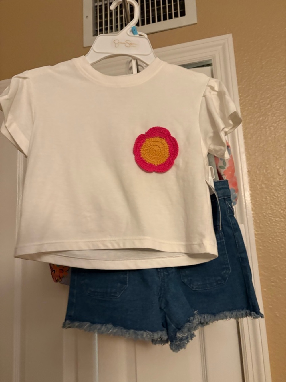 Girls White Short-Sleeve Tee with Pink & Yellow Flower Patch